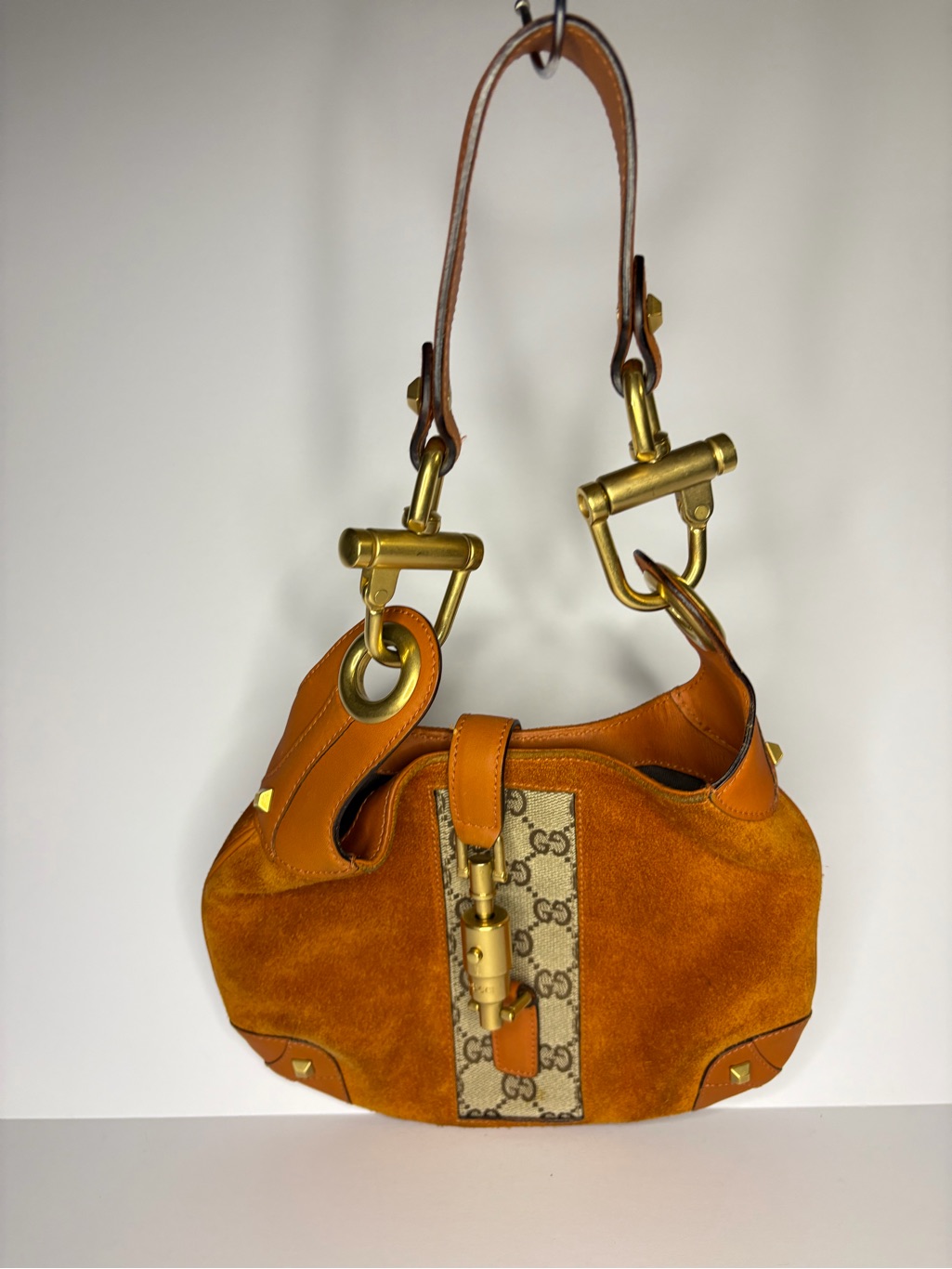 Gucci Orange Suede & Gg Canvas Shoulder Bag With Tan Leather Trim